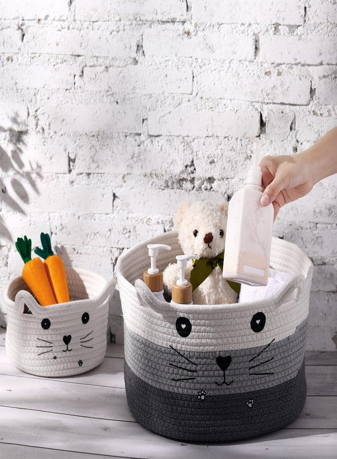 Zopeal Cat Basket Storage Woven Organizer with Ears Christmas Decorative Pet Toy Cute Cotton Rope Basket for Gift Cat Dog Toy Bin Nursery Room(13.7 x 7.8 Inch,White, Light Gray, Dark Gray) - Image 5
